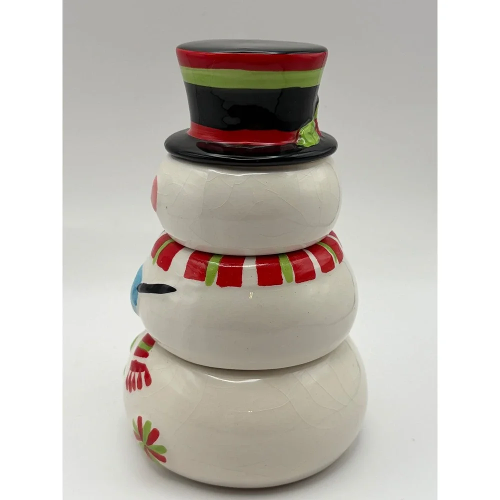 Pier 1 Stacking Ceramic Snowman Measuring Cups Christmas Candy Snack Bowls Set